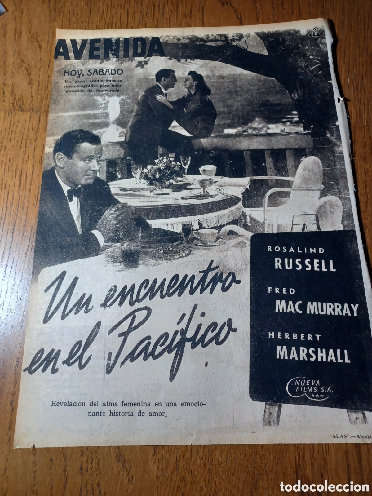 Cinema: PUBLICIDAD UN ENCUENTRO EN EL PACIFICO . CINE AVENIDA .A&Ntilde;O 1946 . 30 X 22 CM