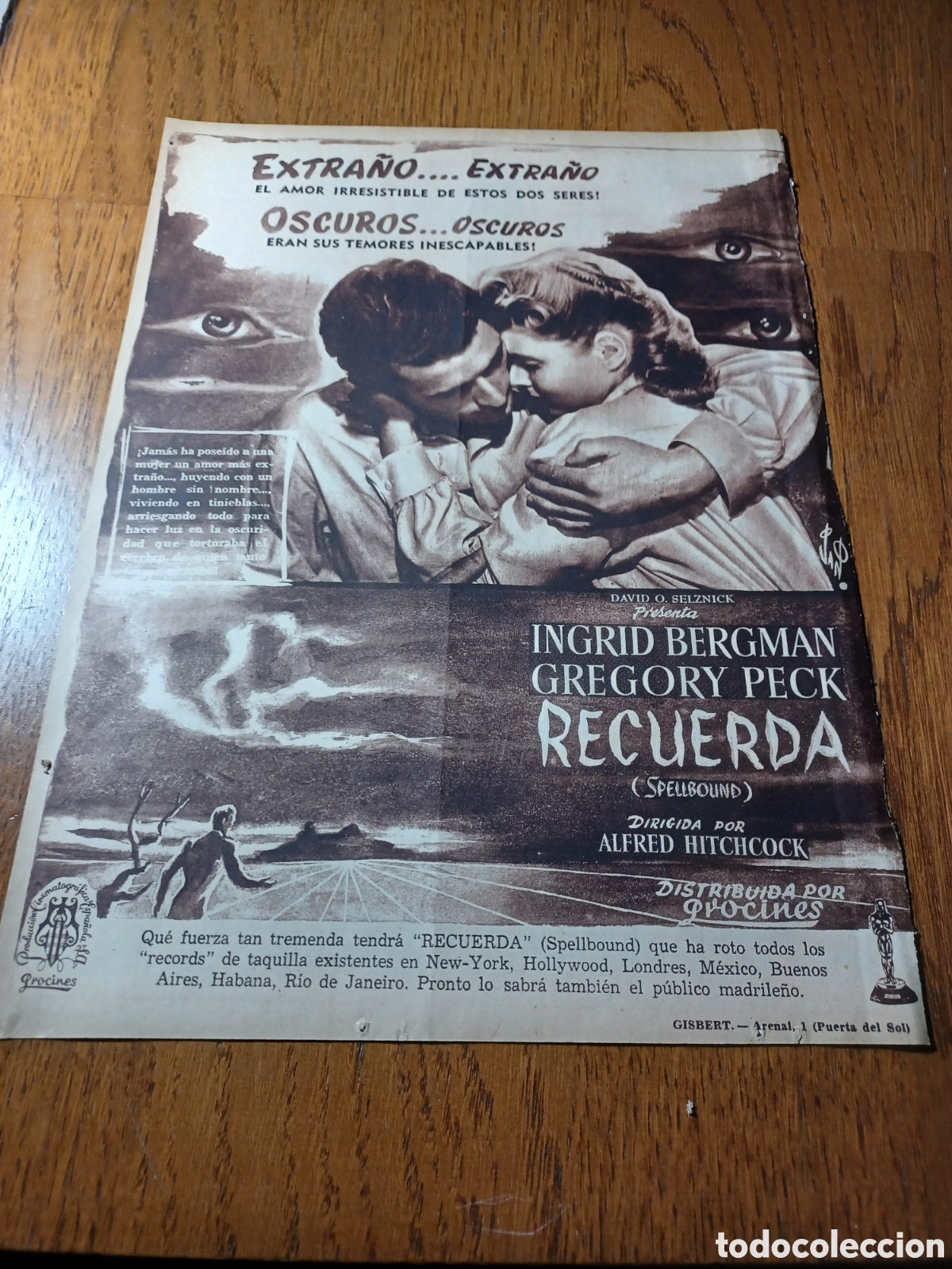 Cine: RECUERDA . INGRID BERGMAN GREGORY PECK . PUBLICIDAD DE 1946 . 30 X 22 CM