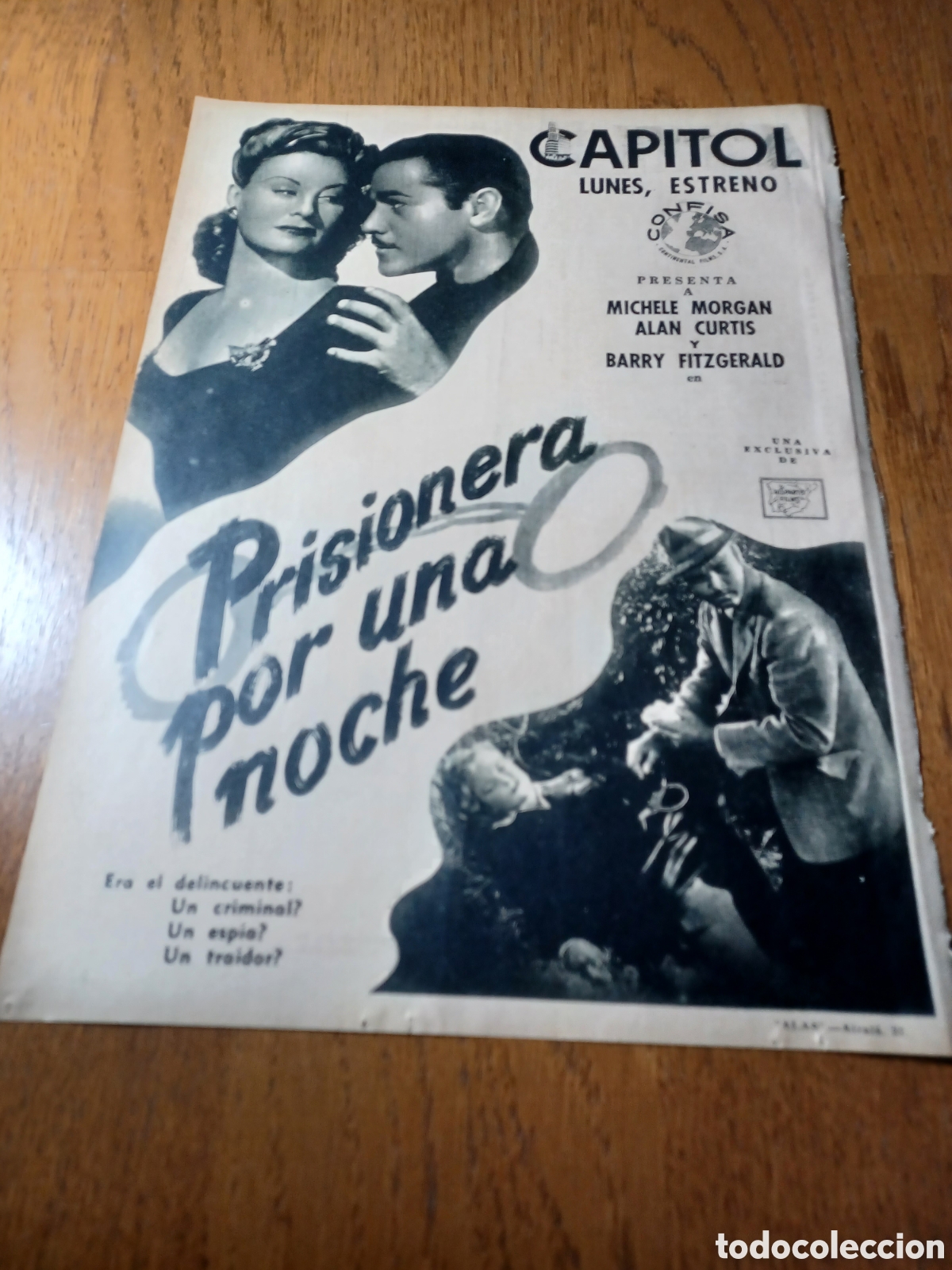 Cinema: PRISIONERA POR UNA NOCHE . CINE CAPITOL. PUBLICIDAD A&Ntilde;O 1946 . 30 X 22 CM