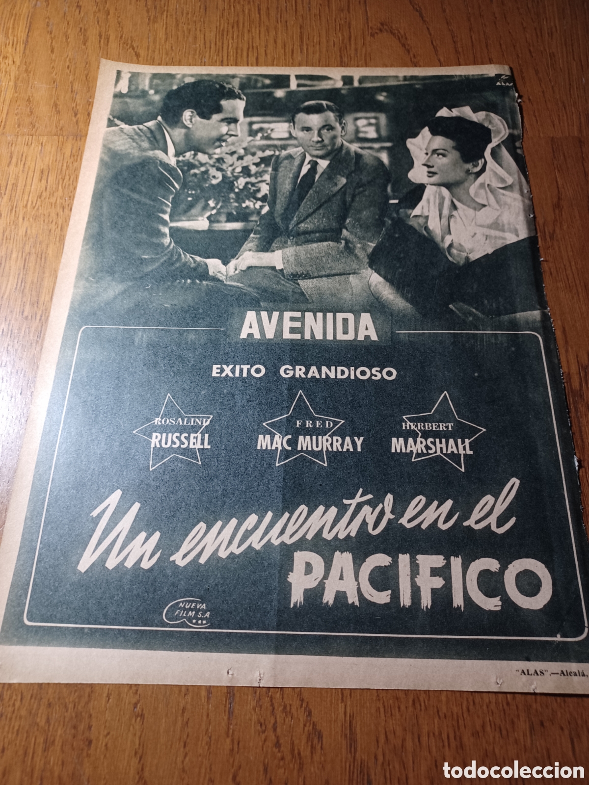 Cine: PUBLICIDAD DEL CINE AVENIDA. UN ENCUENTRO EN EL PACIFICO.FRED MAC MURRY A&Ntilde;O 1946 .30 X 22 CM