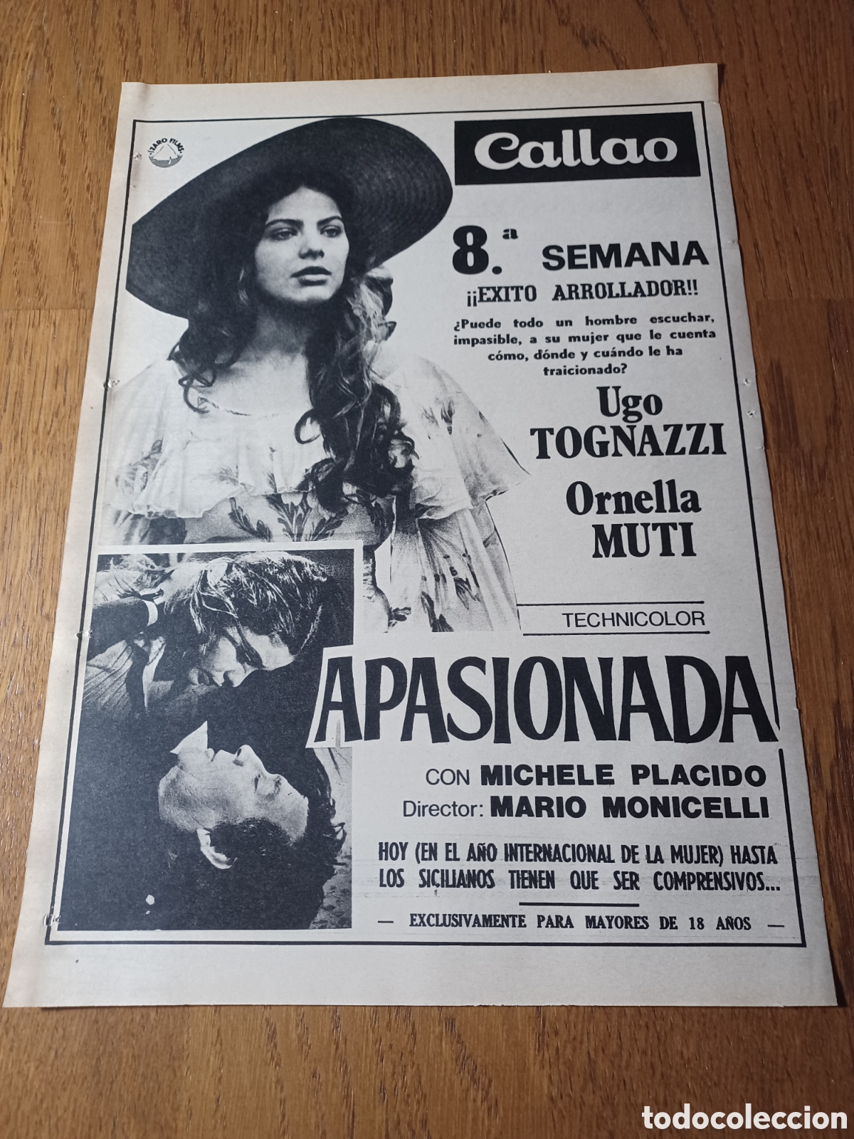Cinema: PUBLICIDAD CINE CALLAO .APASIONADA .ORNELLA MUTI . UGO TOGNAZZI.A&Ntilde;O 1975 .31 X 22 CM