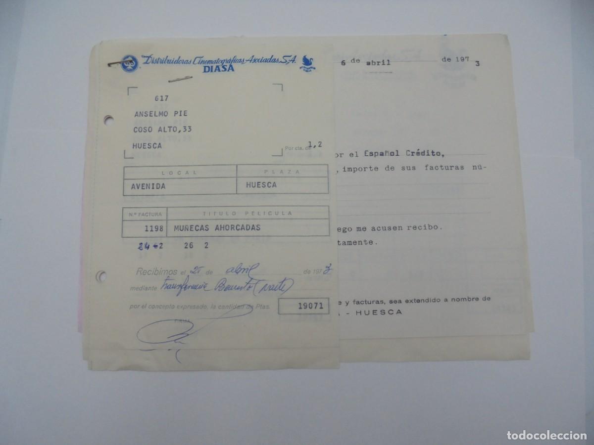 Cinema: HUESCA. CINE AVENIDA. DIASA, DISTRIBUIDORAS CINEMATOGRAFICAS. 1973. FACTURAS POR MU&Ntilde;ECAS AHORCADAS.