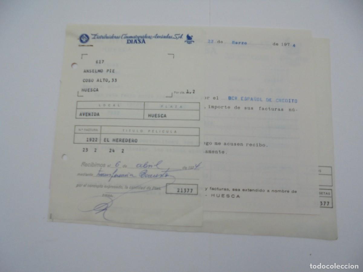 Cinema: HUESCA. CINE AVENIDA. DIASA, DISTRIBUIDORAS CINEMATOGRAFICAS. 1974. FACTURAS POR EL HEREDERO.