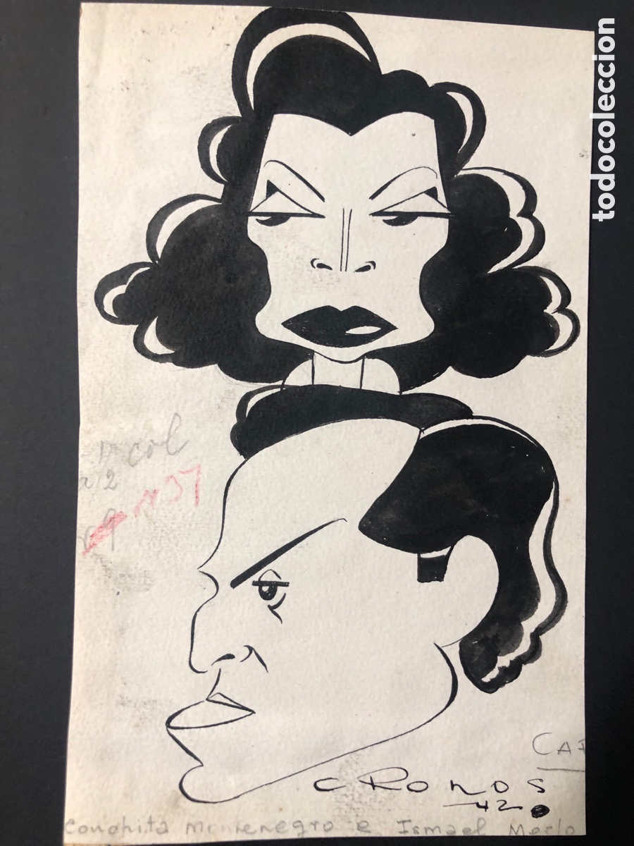 Cinema: Dibujo caricatura original de Conchita Montenegro e Ismael merlo firmado por Cronos