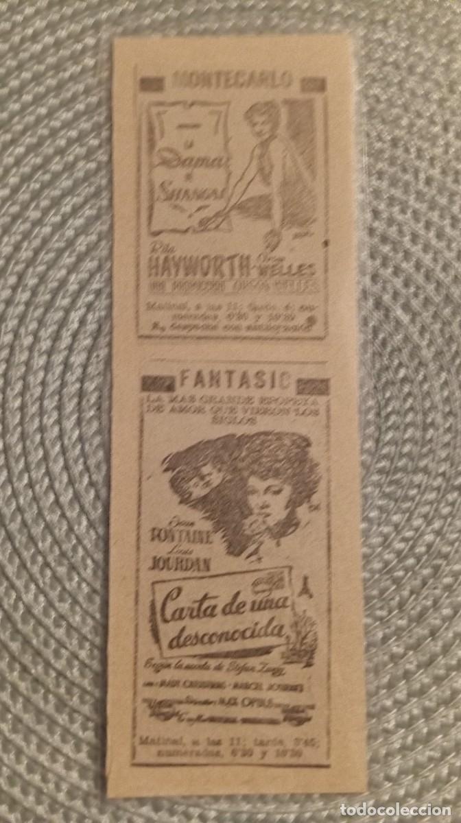 Cinema: 1 MARCAPAGINAS ** LA DAMA DE SANGAI - CARTA DE UNA DESCONOCIDA**PUBLICIDAD DIARIO DE BARCELONA 1948