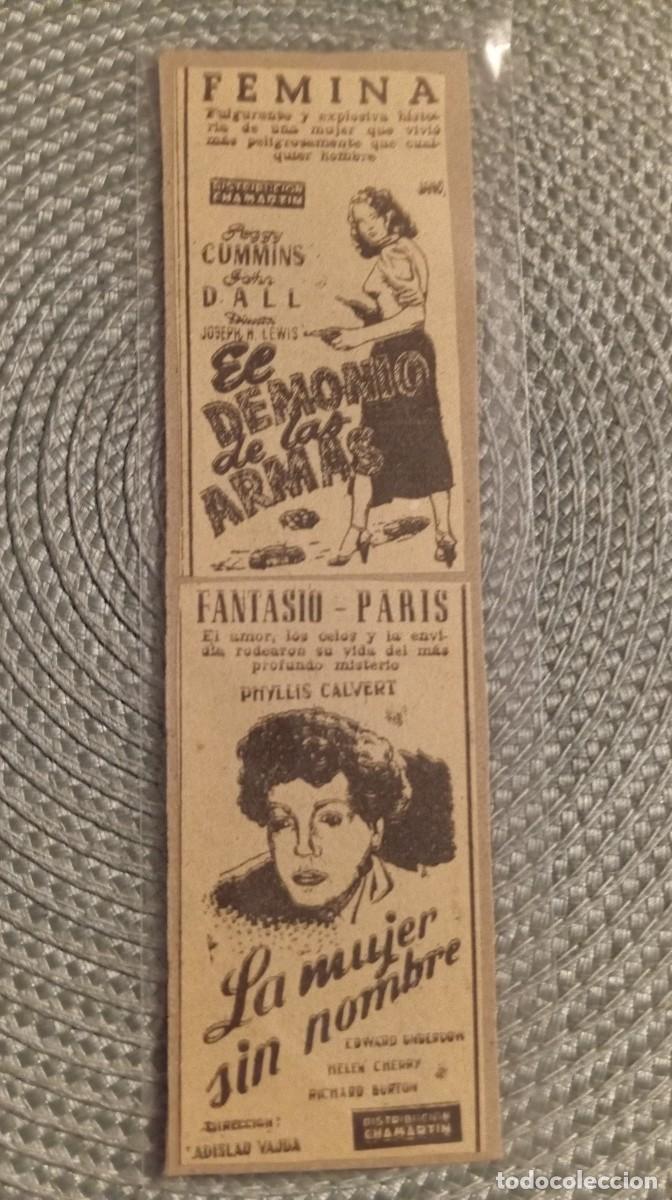 Cinema: 1 MARCAPAGINAS ** EL DEMONIO DE LAS ARMAS. LA MUJER SIN NOMBRE**PUBLICIDAD DIARIO DE BARCELONA 1953
