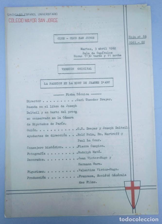 Cinema: Colegio Mayor San Jorge. Programa cine club 1962. SEU, Sindicato Espa&ntilde;ol Universitario.