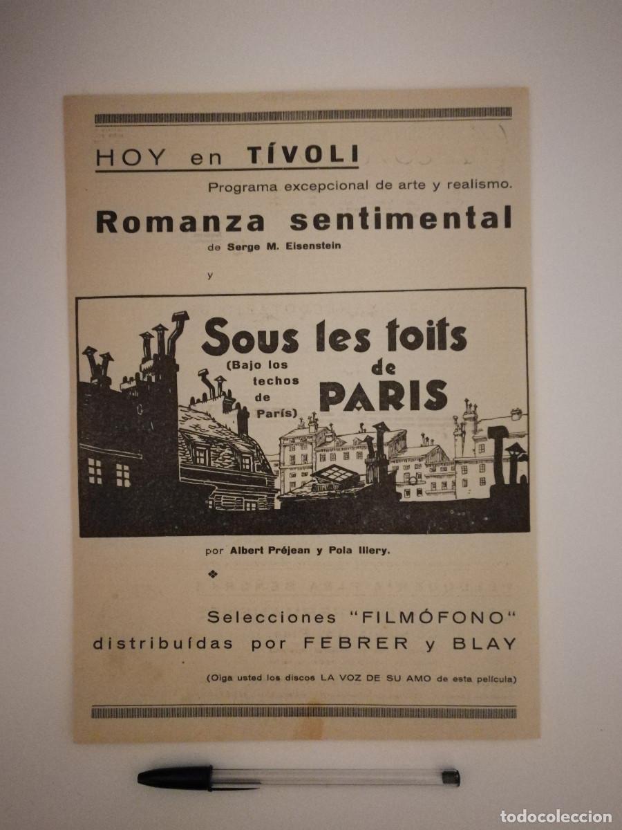 Cinema: ANTIGUO ANUNCIO ENCARTONADO -A4- BAJO LOS TECHOS DE PARIS - Pola Ill&eacute;ry - CINE FRANCES - TIVOLI