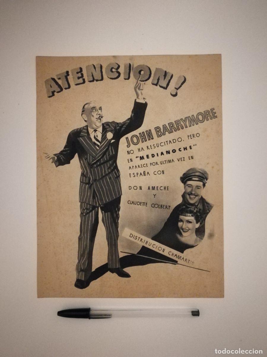 Cinema: ANTIGUO ANUNCIO ENCARTONADO -A4- MEDIANOCHE - JOHN BARRYMORE - CLAUDETTE COLBERT