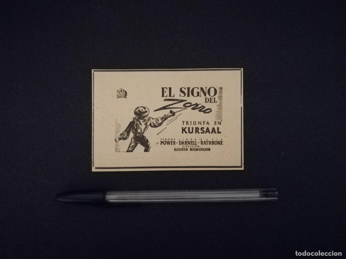 Cinema: ANTIGUO ANUNCIO ENCARTONADO - EL SIGNO DEL ZORRO - TYRONE POWER - CINE KURSAAL BARCELONA