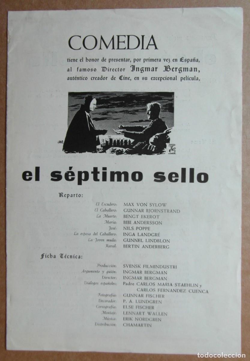 Cinema: *El s&eacute;ptimo sello* Cine Comedia, Barcelona. D&iacute;ptico 164x240 mm.