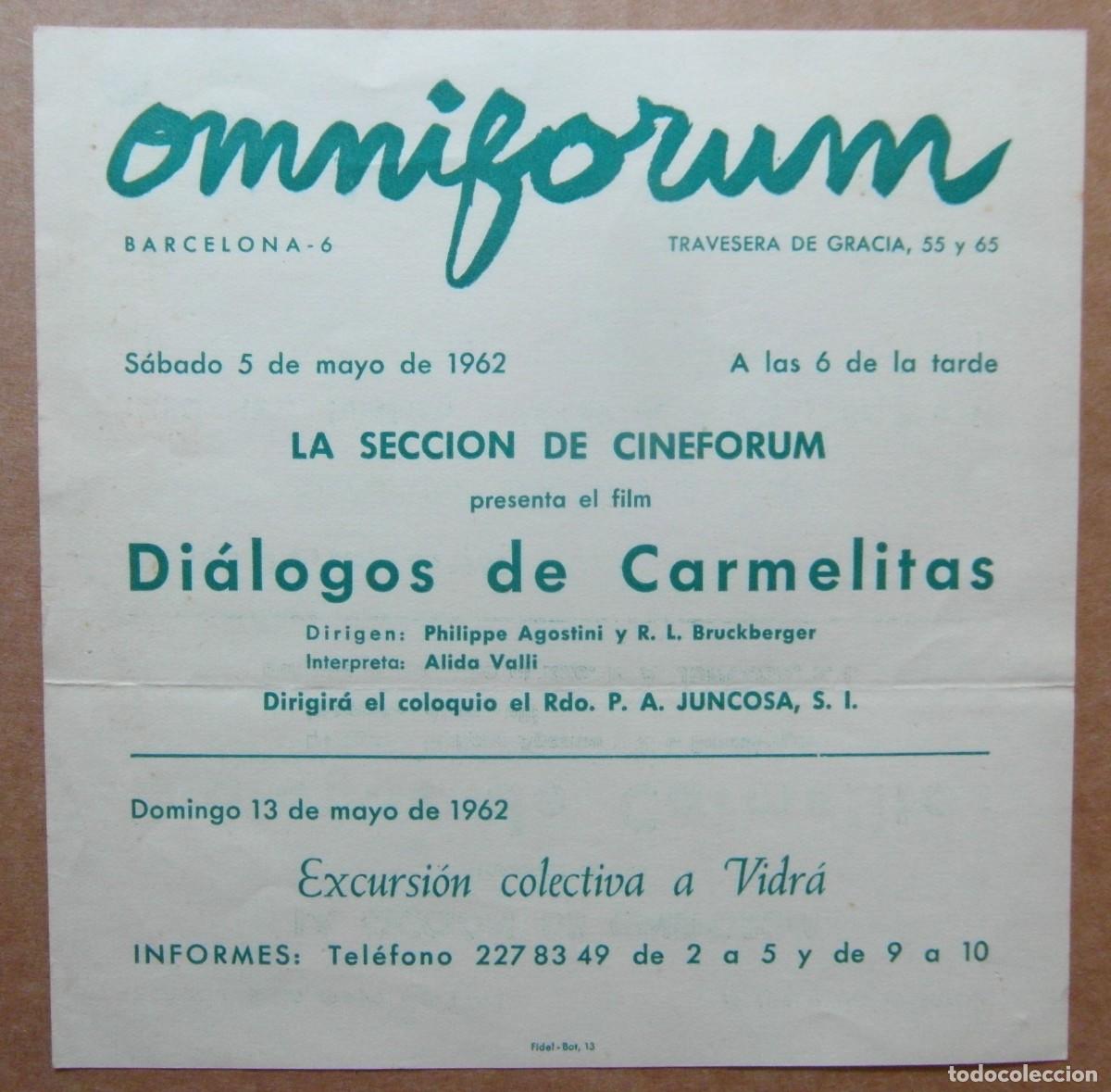 Cinema: *Di&aacute;logos de Carmelitas* Omniforum, Barcelona 1962. Hoja 162x162 mm.