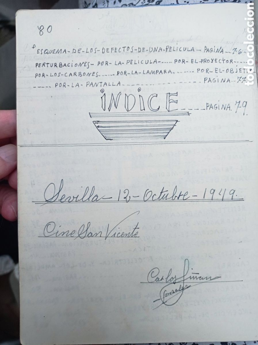 Cinema: SEVILLA. MANUSCRITO. MANUAL DEL OPERADOR DE CABINA DEL CINE SAN VICENTE. 1949. POSGUERRA.