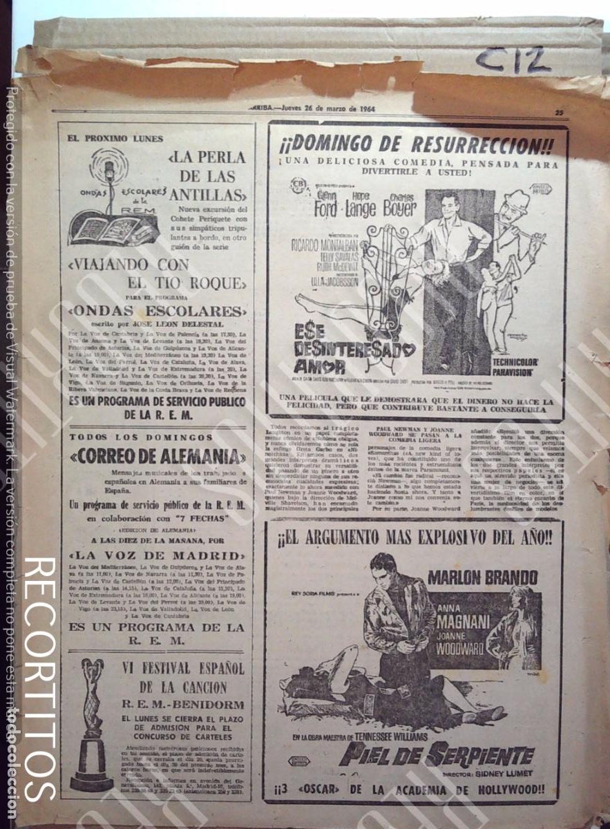 Cine: FESTIVAL DE BENIDORM 1964 GLENN FORD MARLON BRANDO PIEL DE SERPIENTE LOS HERMANOS MARX SANDOKAN