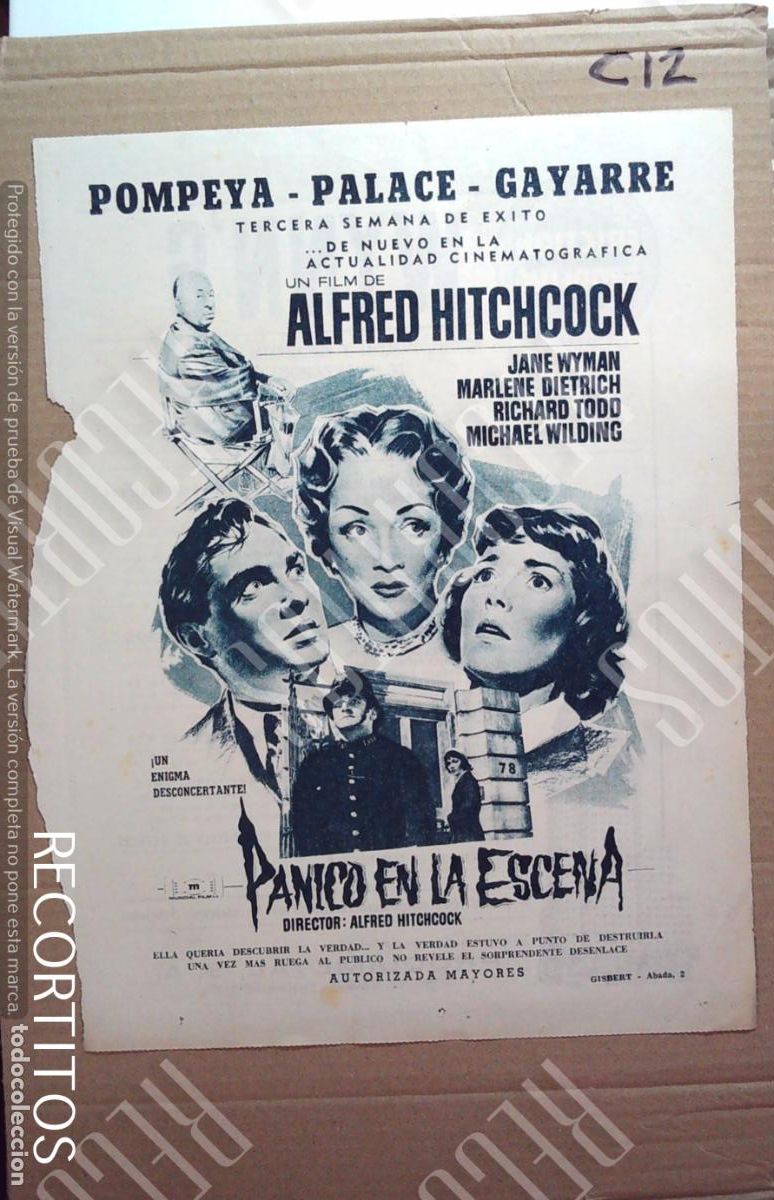Kino: PANICO EN LA ESCENA ALFRED HITCHOCK MARLENE DIETRICH JANE WYMAN MICHAEL WILDING RICHARD TODD