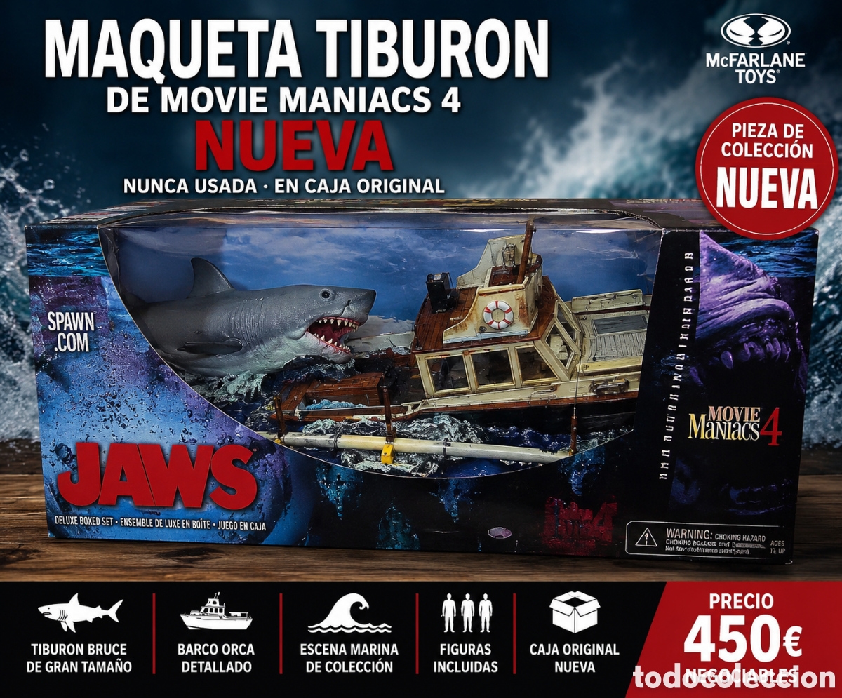 Cine: McFarlane Toys JAWS Movie Maniacs 4 Deluxe Boxed Set &ndash; Tibur&oacute;n + Barco Orca &ndash; Figura/maqueta de cole