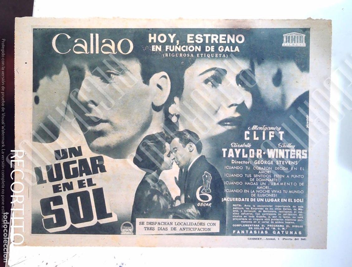 Cine: UN LUGAR EN EL SOL ELIZABETH TAYLOR MONTGOMERY CLIFT SHELEY WINTERS CALEFACCION ROCA