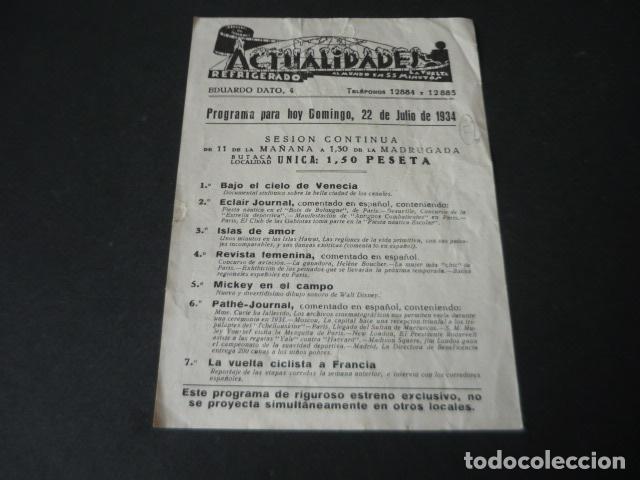 Cine: MADRID CINE ACTUALIDADES GRAN VIA 1934 PROGRAMA PELICULAS 22 JULIO PUBLICIDAD