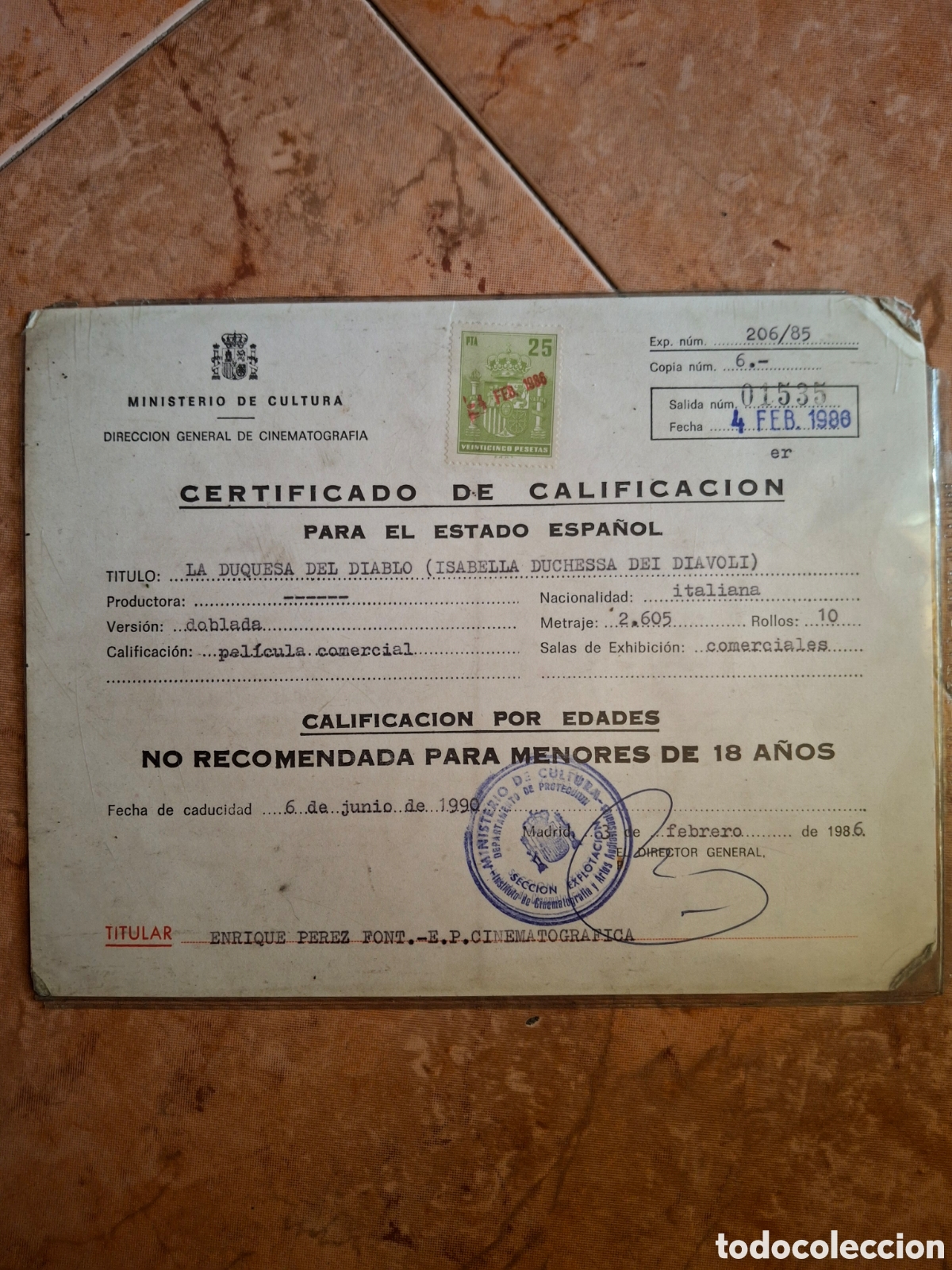 Cine: Certificado Oficial Calificaci&oacute;n Cine 1980 - La Duquesa del Diablo (35 mm) - Ministerio de Cultura