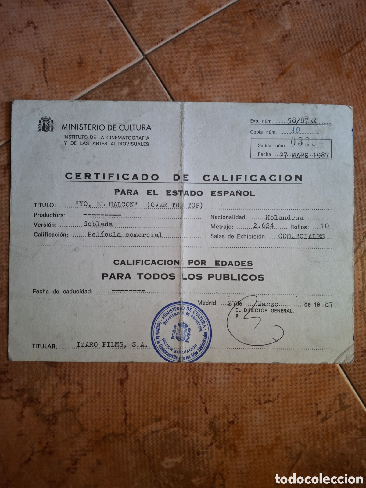 Cine: Certificado Oficial Ministerio De Cultura (1987) &rdquo;Yo, El Halc&oacute;n&rdquo; (Over The Top) - Sylvester Stallone