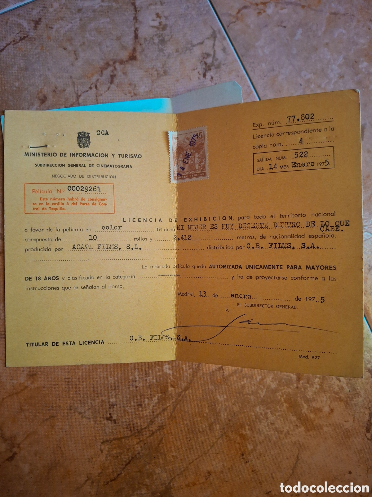 Cine: Licencia Original de Exhibici&oacute;n Cinematogr&aacute;fica (1975) &ndash; Pel&iacute;cula &rdquo;Mi mujer es muy de lo que cabe&rdquo; &ndash;