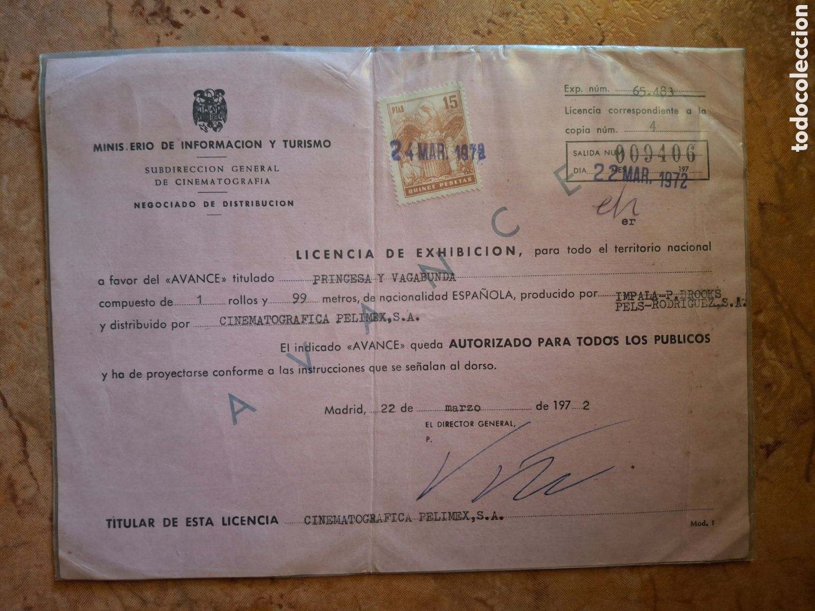 Cine: Licencia de Exhibici&oacute;n de Cine Original (1972) - Ministerio de Informaci&oacute;n y Turismo