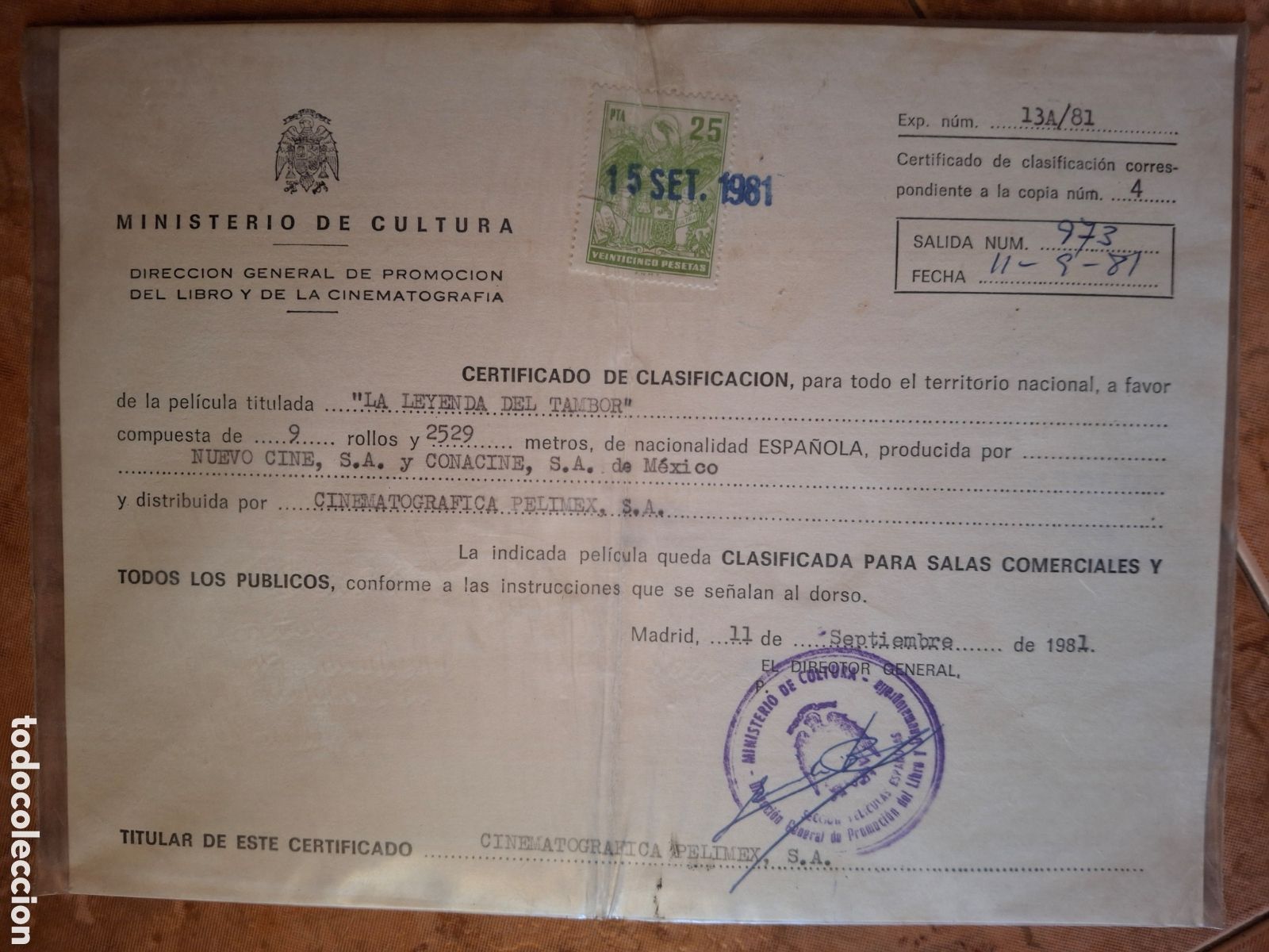 Cine: Certificado Original Ministerio de Cultura (1981) - Pel&iacute;cula &rdquo;La Leyenda del Tambor&rdquo; (Jorge Grau)