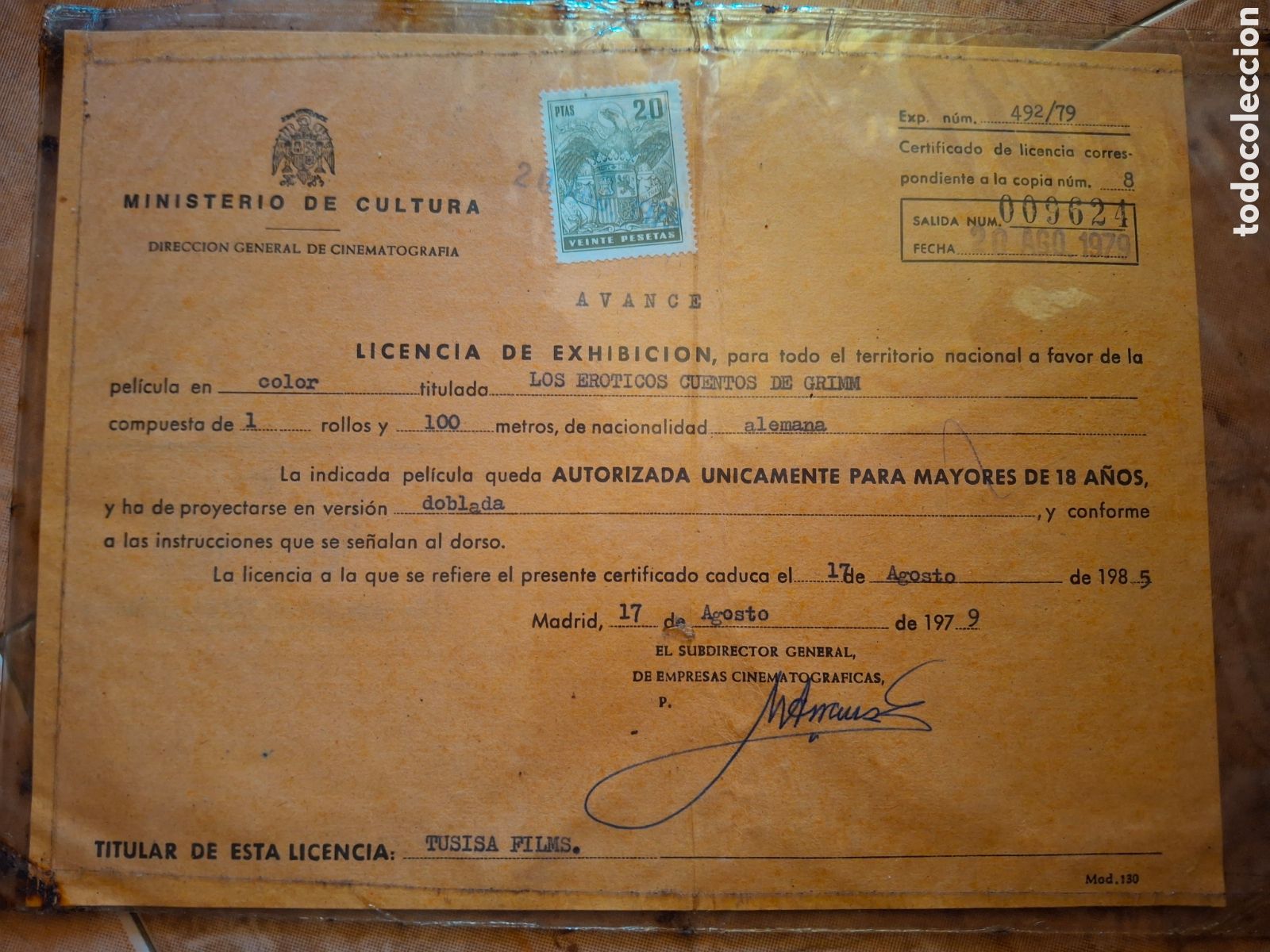 Cine: Documento de Cine: Licencia Exhibici&oacute;n Ministerio de Cultura 1979 - Tusisa Films