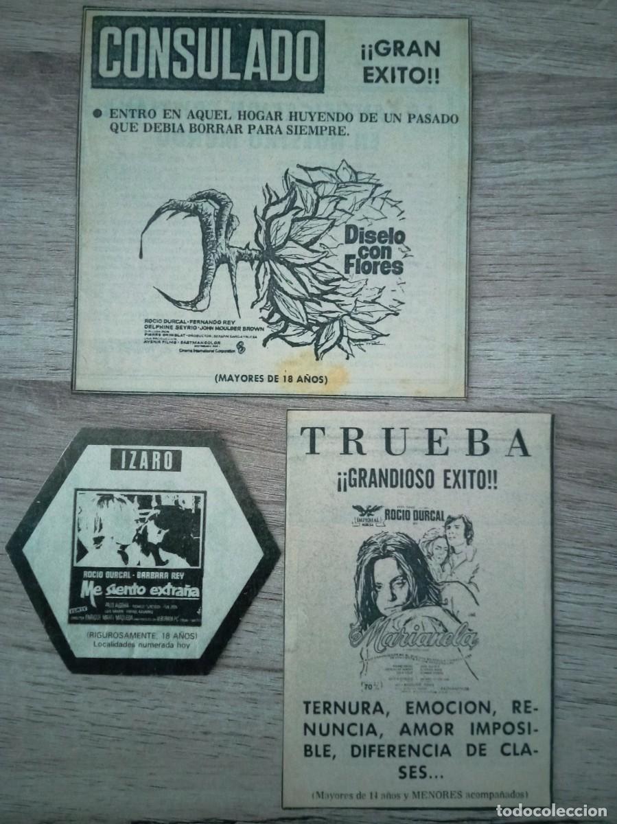 Cine: ROCIO DURCAL, RECORTES DE PERIODCOS ANTIGUOS DE ANUNCIOS DE 3 DE SUS PEL&Iacute;CULAS
