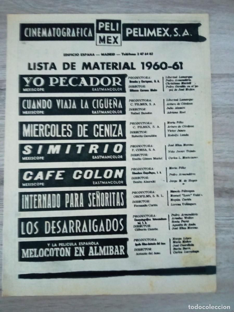 Cine: PELIMEX, LISTA DE MATERIAL DE 1960-61, HOJA DE REVISTA ANTIGUA