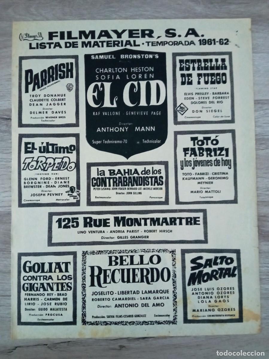 Cine: FILMAYER, LISTA DE MATERIAL 1961-62, ESTRELLA DE FUEGO ELVIS PRESLEY, HOJA DE REVISTA ANTIGUA