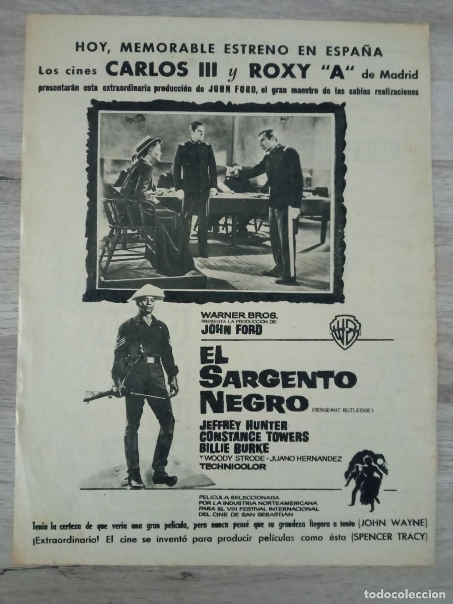 Cine: EL SARGENTO NEGRO Y CUANDO HIERVE LA SANGRE, HOJA DE REVISTA ANTIGUA CON ANUNCIO DE DOS PELICULAS