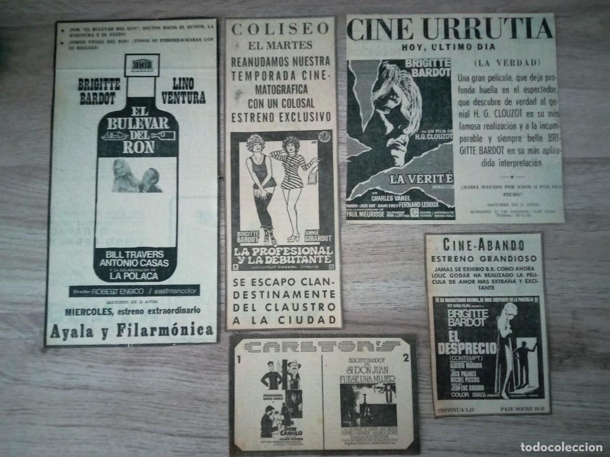 Cine: BRIGITTE BARDOT, 5 RECORTES DE PERIODICOS ANTIGUOS DE ANUNCIOS DE SUS PELICULAS