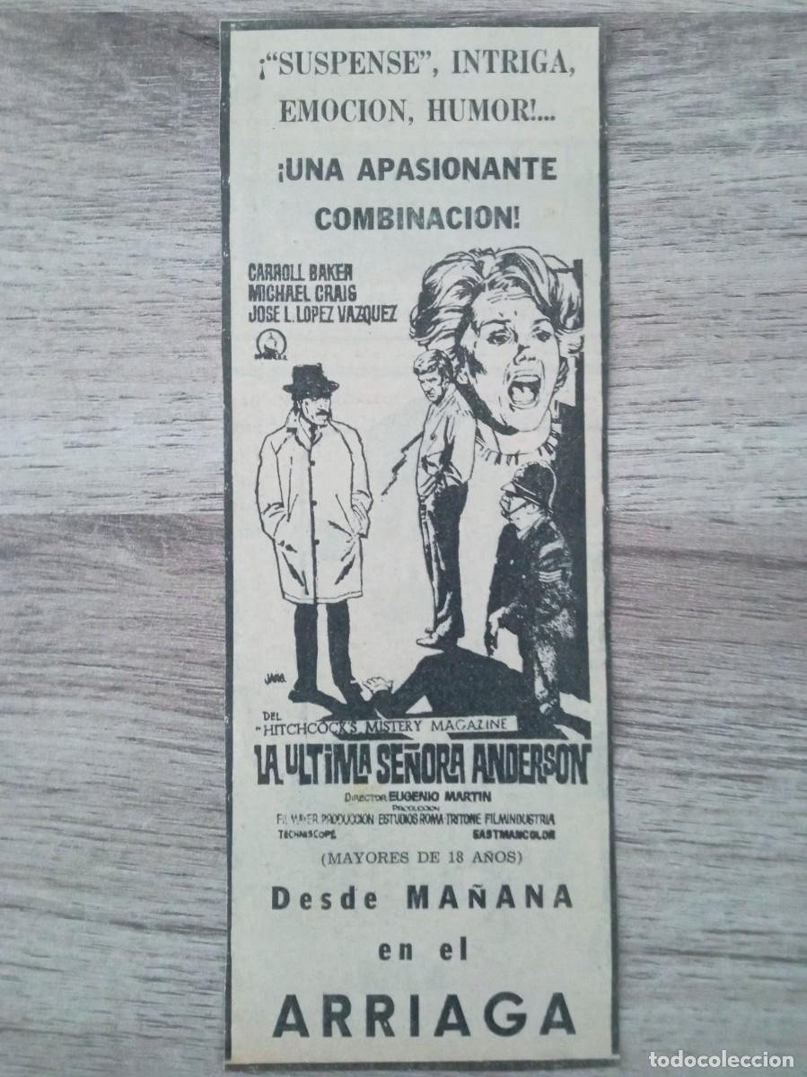 Cine: LA &Uacute;LTIMA SE&Ntilde;ORA ANDERSON, CARROLL BAKER, RECORTE DE PERIODICO CON PUBLI DEL CINE ARRIAGA DE BILBAO