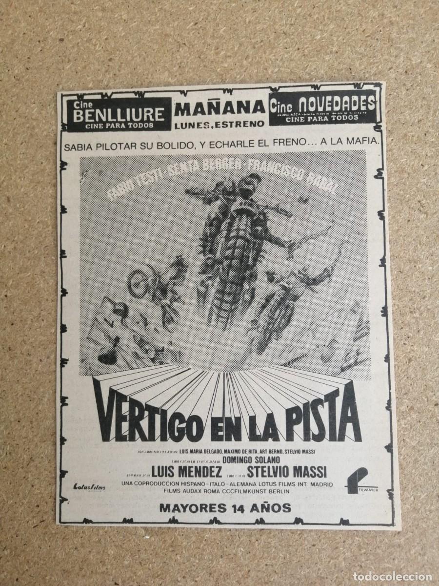 Cine: RECORTE PRENSA ANUNCIO PELICULA. VERTIGO EN LA PISTA (FABIO TESTI - SENTA BERGER - PACO RABAL)