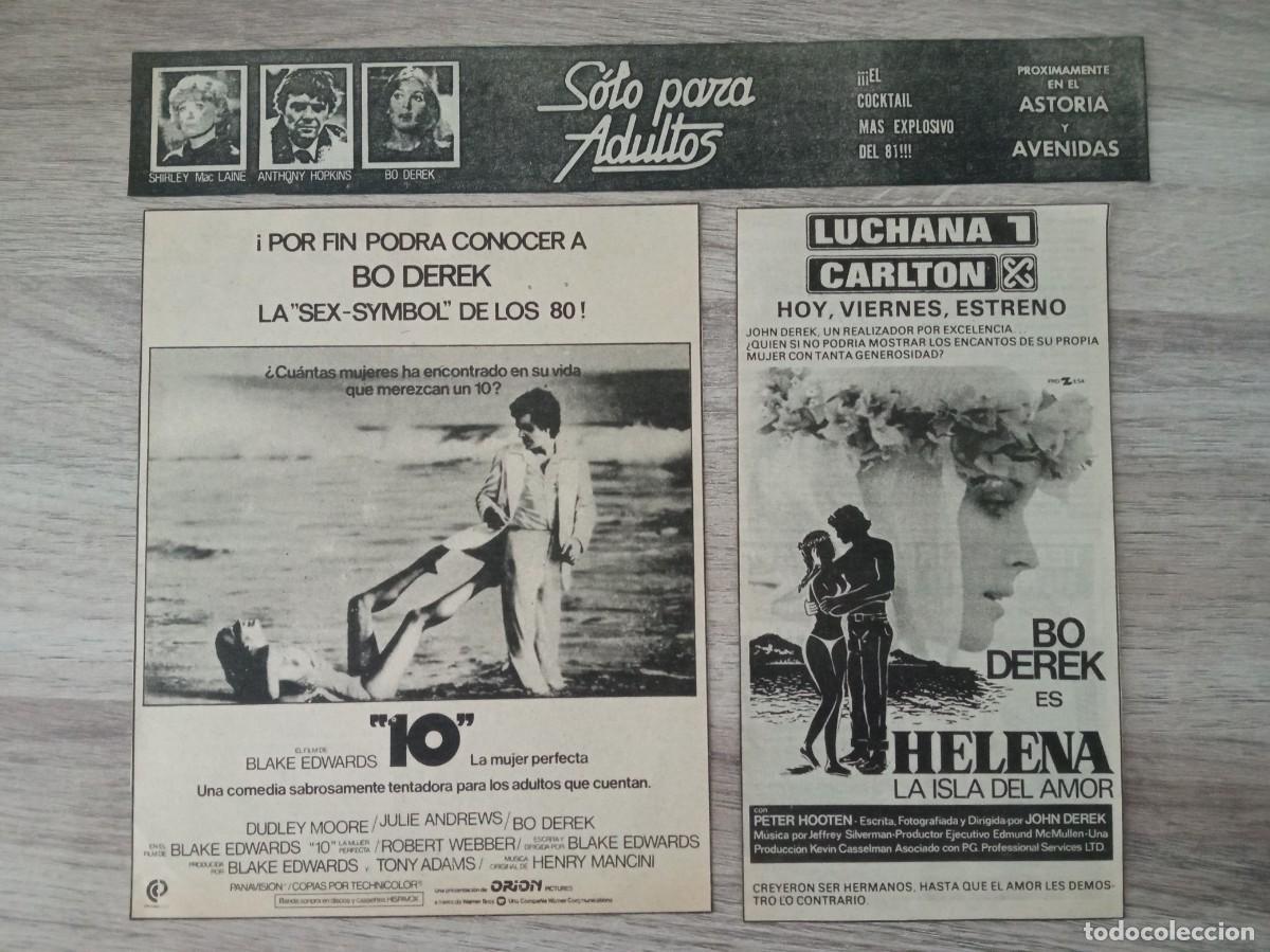 Cine: BO DEREK, 3 RECORTES DE PERIODICOS ANTIGUOS DE ANUNCIOS DE SUS PEL&Iacute;CULAS