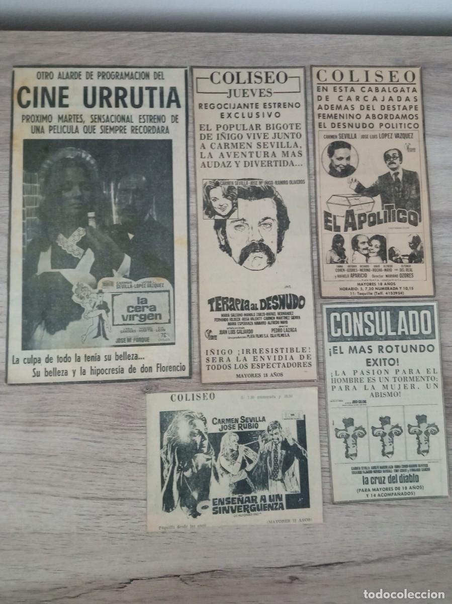 Cine: CARMEN SEVILLA, 5 RECORTES DE PERIODICOS ANTIGUOS DE ANUNCIOS DE SUS PELICULAS EN CINES DE BILBAO