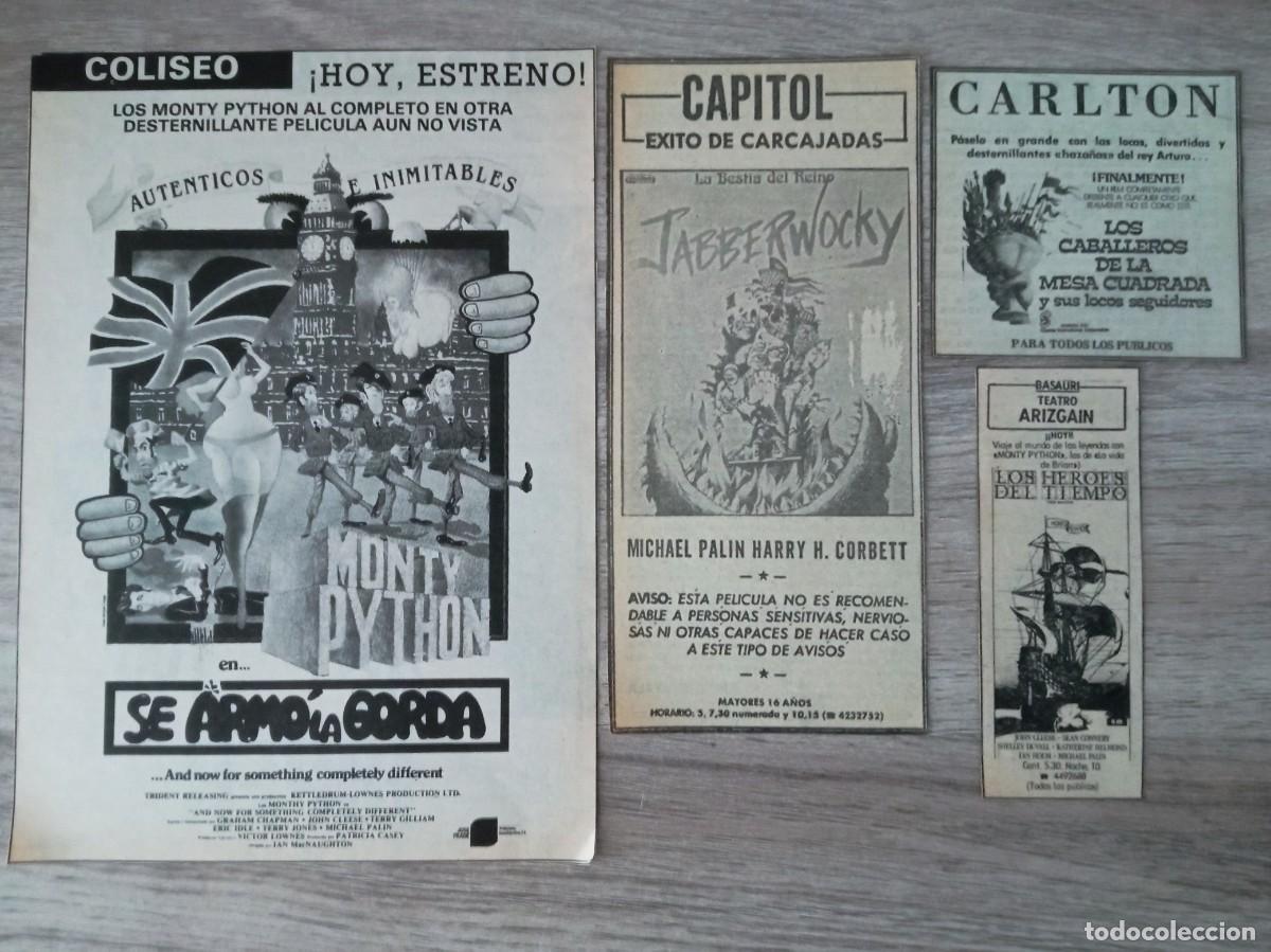 Cine: MONTY PYTHON, 4 RECORTES DE PERIODICOS ANTIGUOS DE ANUNCIOS DE SUS PELICULAS