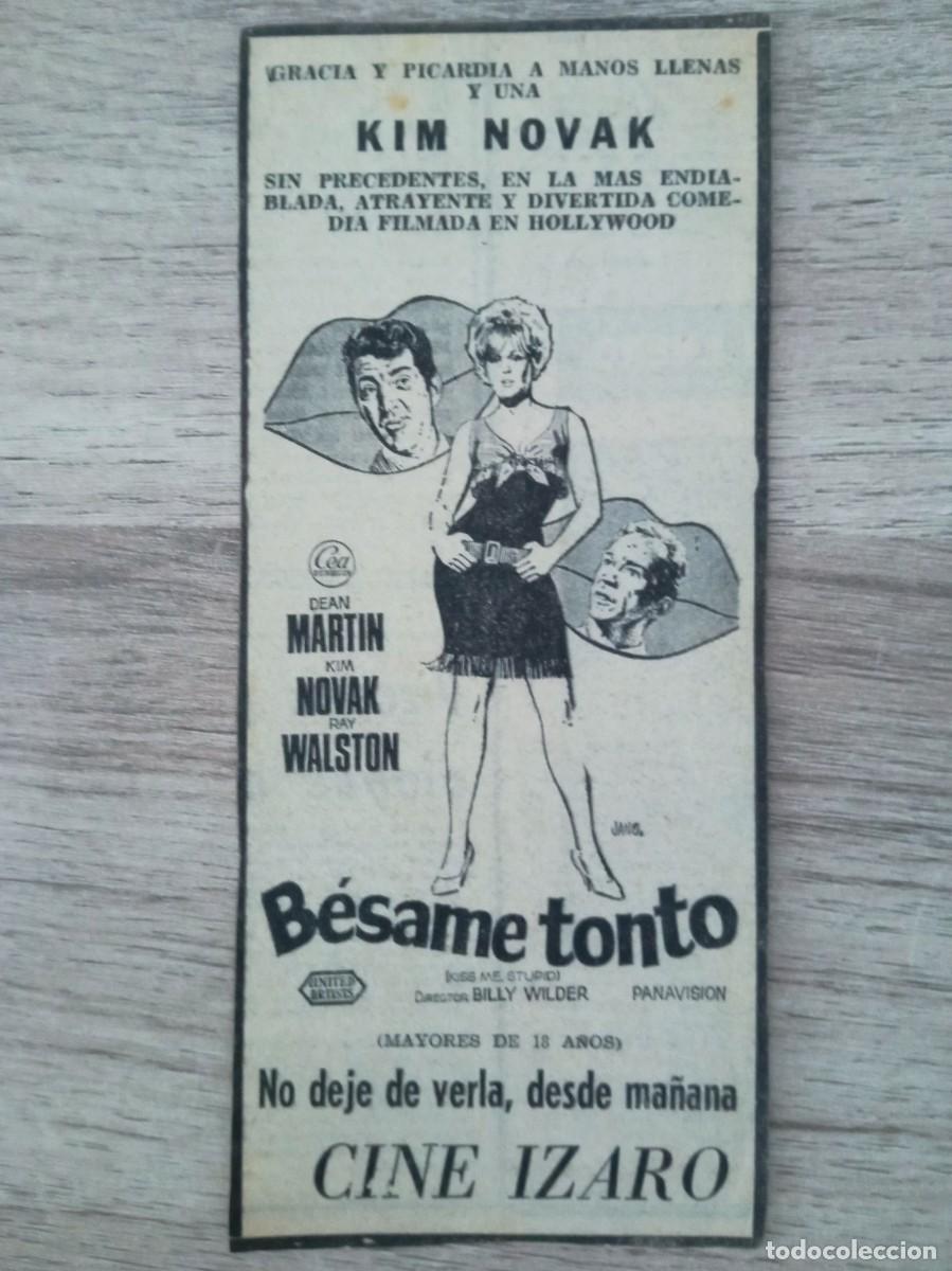 Cine: B&Eacute;SAME TONTO, KIM NOVAK, RECORTE DE PERIODICO ANTIGUO DEL ANUNCIO EN EL CINE IZARO DE BILBAO