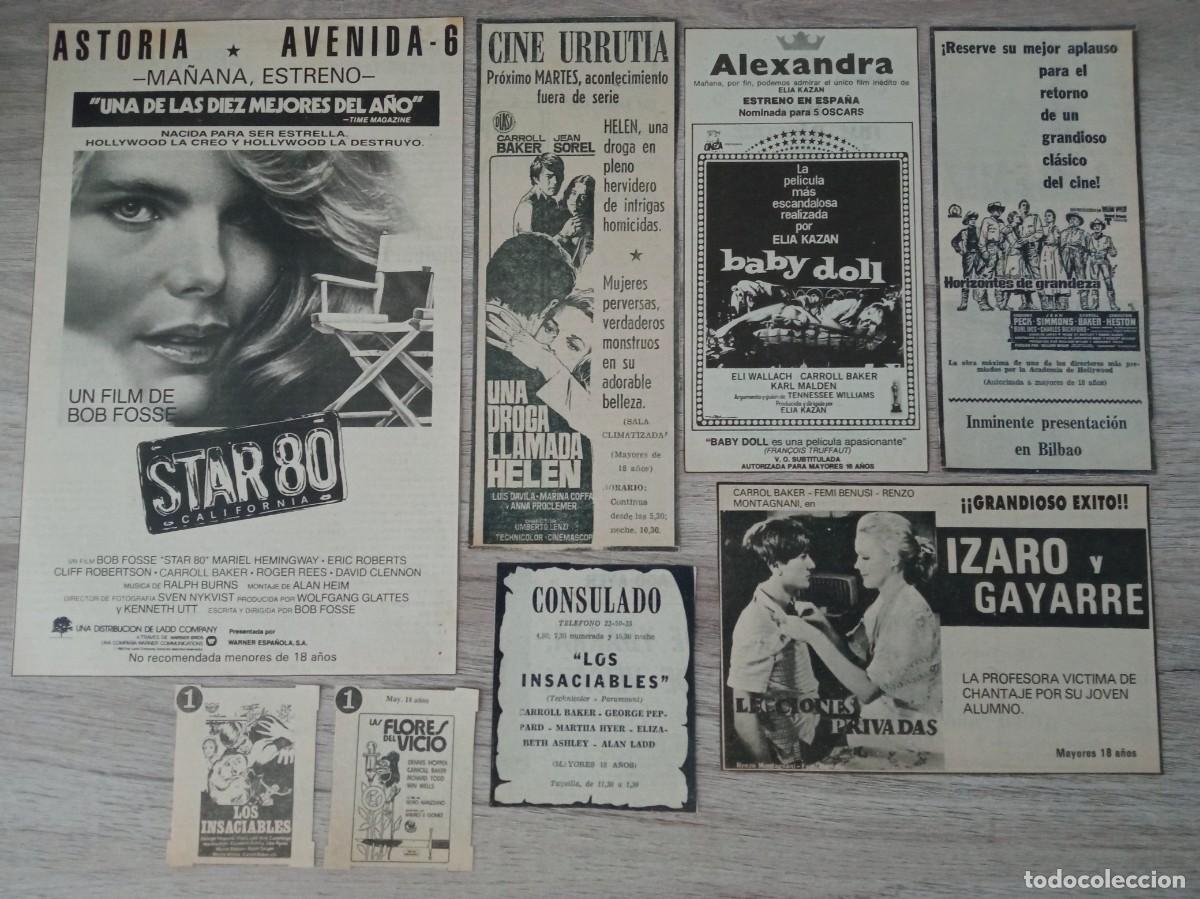 Cine: CARROLL BAKER, 8 RECORTES DE PERIODICOS ANTIGUOS DE ANUNCIOS DE SUS PELICULAS