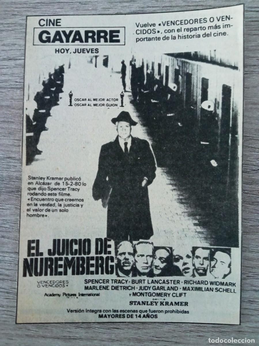 Cine: EL JUICIO DE NUREMBERG, SPENCER TRACY, RECORTE DE PERIODICO DEL ANUNCIO DE LA PEL&Iacute;CULA