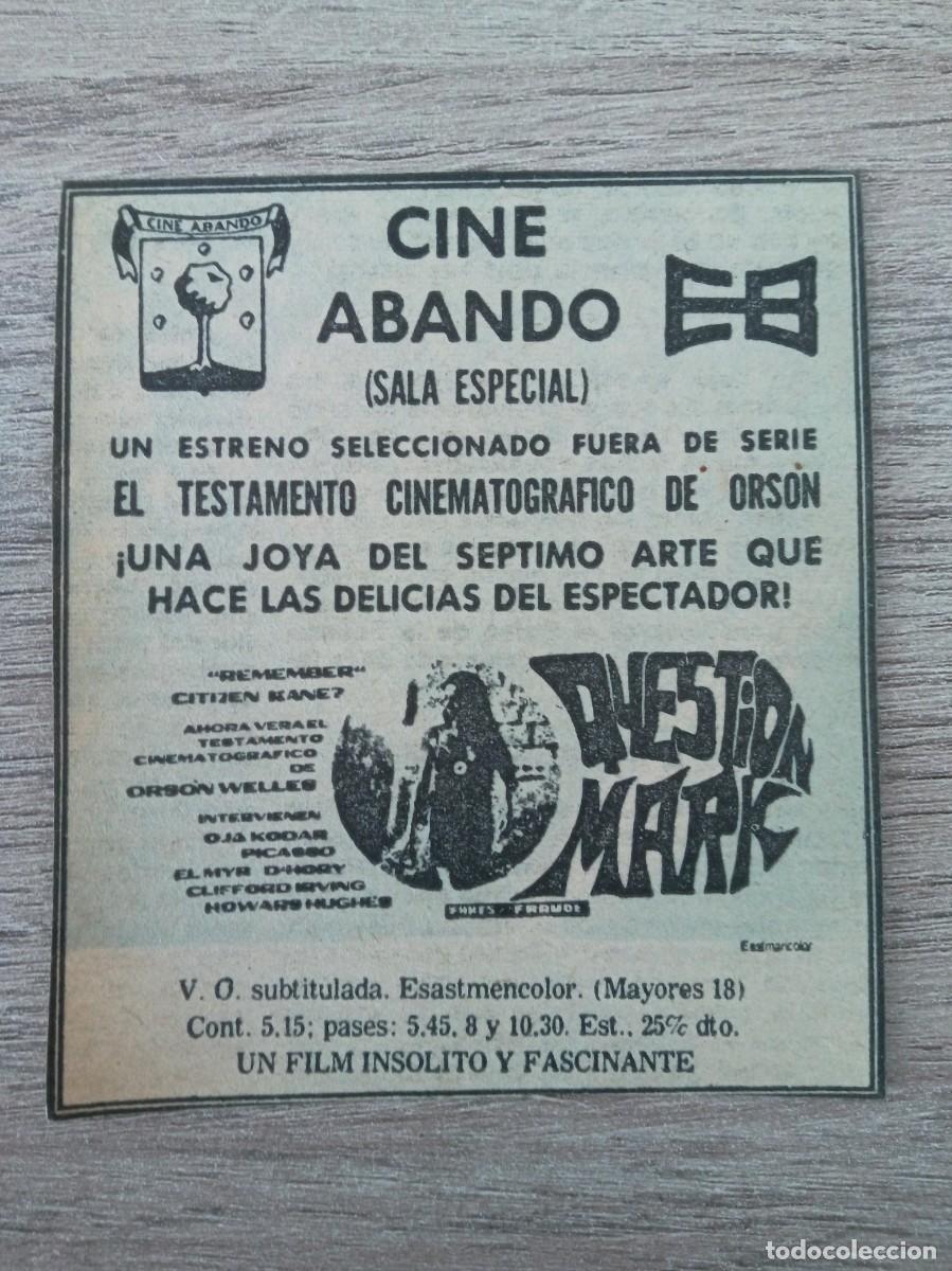 Cine: QUESTION MARK, ORSON WELLES, RECORTE DE PERIODICO DEL ESTRENO EN EL CINE ABANDO DE BILBAO