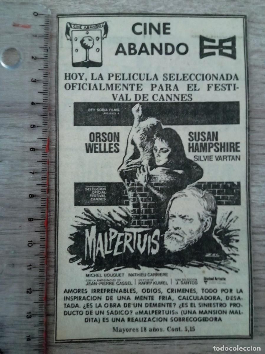 Cine: MALPERTUIS, ORSON WELLES, SILVIE VARTAN, RECORTE DE PERIODICO DEL ESTRENO EN EL CINE ABANDO, BILBAO