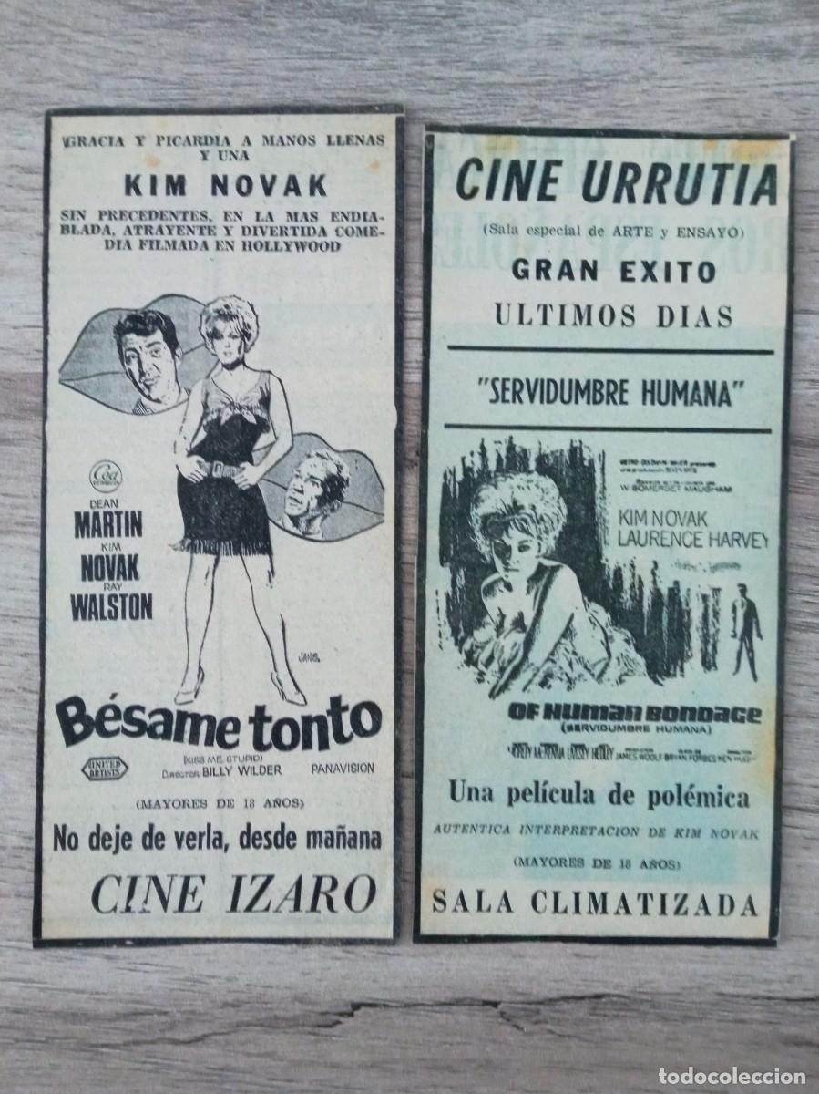 Cinema: B&Eacute;SAME TONTO Y SERVIDUMBRE HUMANA, KIM NOVAK, RECORTES DE PERIODICO DE ANUNCIOS DE CINES DE BILBAO