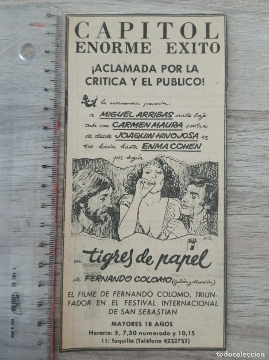 Cine: TIGRES DE PAPEL, CARMEN MAURA, RECORTE DE PERIODICO DEL ANUNCIO DE LA PELI EN EL CAPITOL DE BILBAO