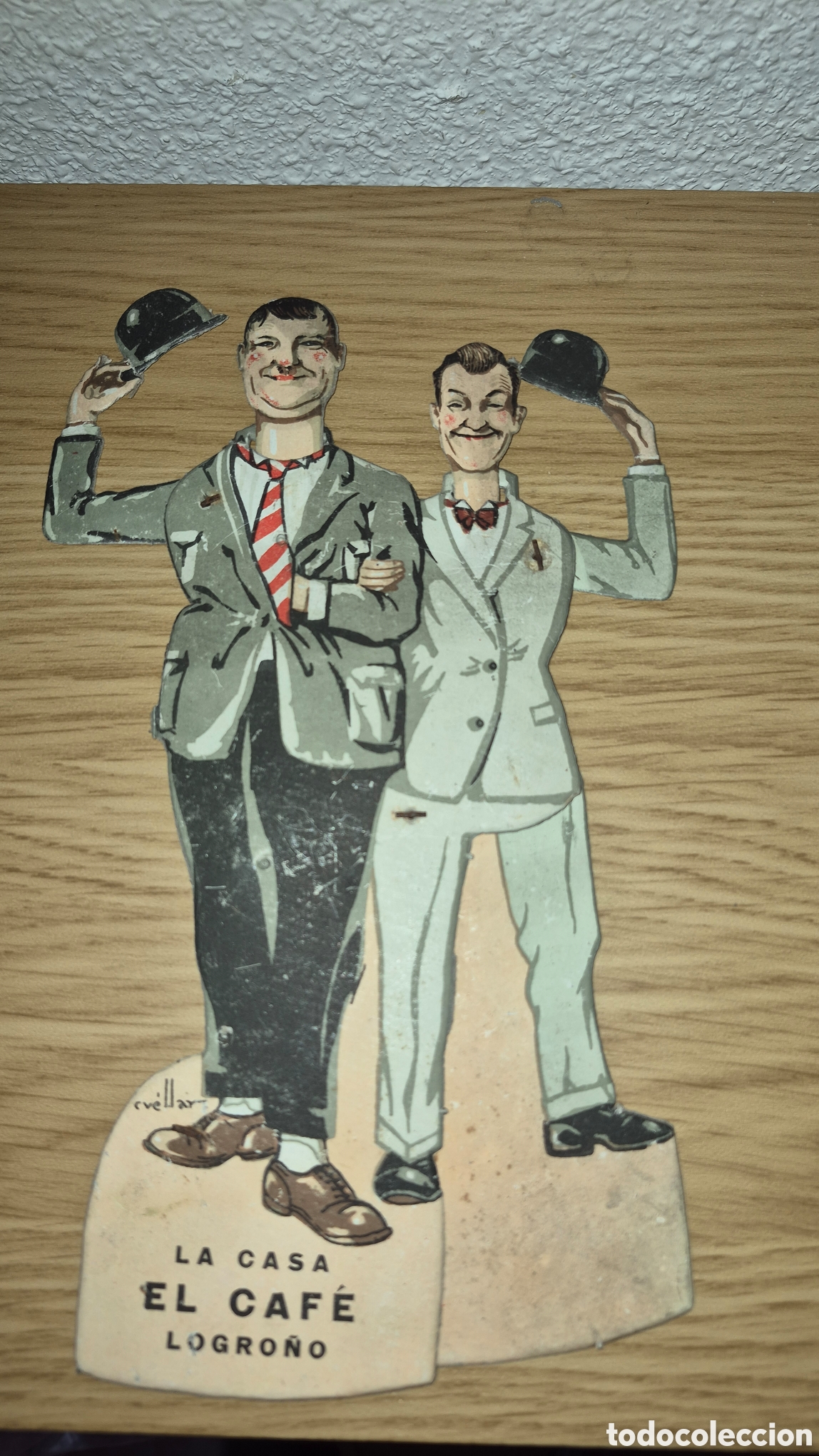 Cine: Antiguo troquelado m&oacute;vil cine mudo Laurel y Hardy Casa el Caf&eacute; Logro&ntilde;o