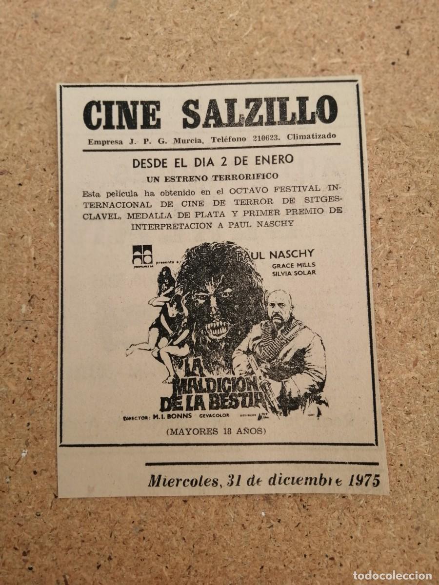 Cine: ANUNCIO CINE. LA MALDICION DE LA BESTIA (PAUL NASCHY) CINE SALZILLO, MURCIA 1975
