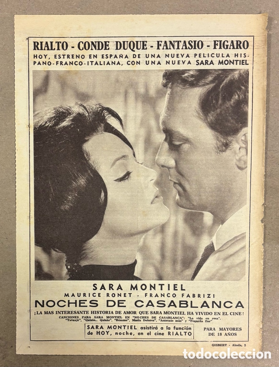 Cine: NOCHE DE CASABLANCA (SARA MONTIEL). CARTEL PUBLICITARIO PERI&Oacute;DICO ABC DE 1963..CINE RIALTO.