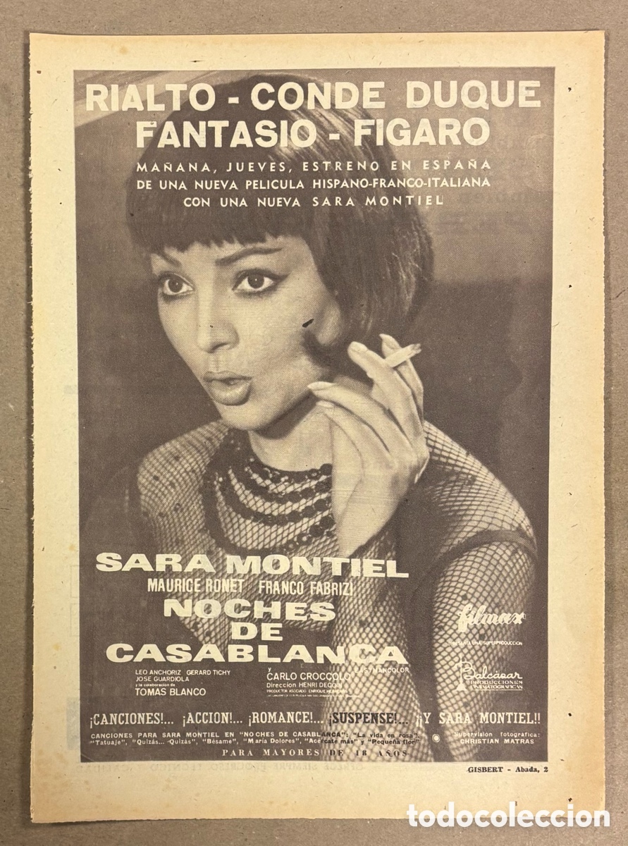 Cine: NOCHE DE CASABLANCA (SARA MONTIEL). CARTEL PUBLICITARIO PERI&Oacute;DICO ABC DE 1963..CINE RIALTO