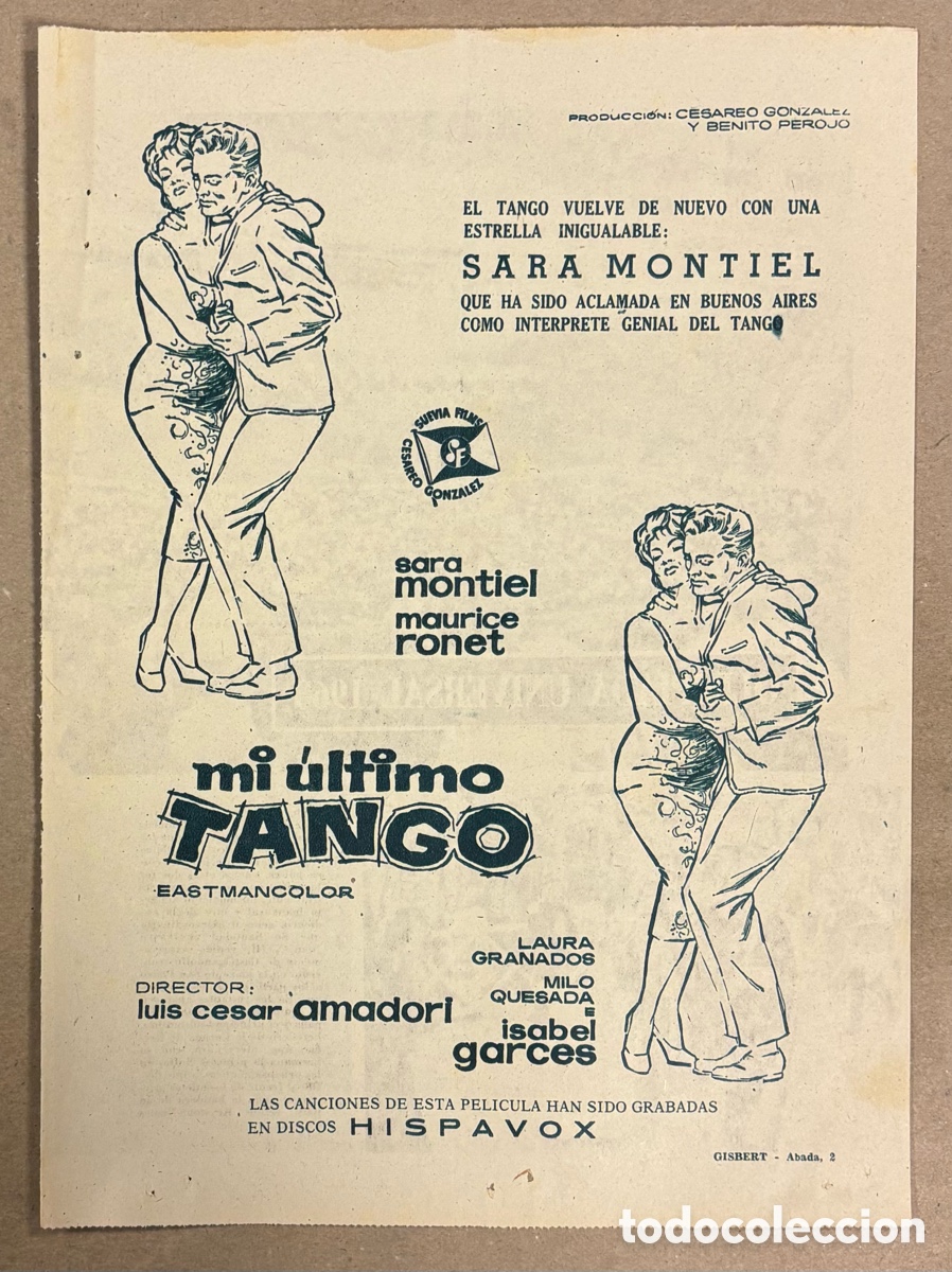 Cine: MI &Uacute;LTIMO TANGO (SARA MONTIEL). CARTEL PUBLICITARIO PERI&Oacute;DICO ABC DE 1960.